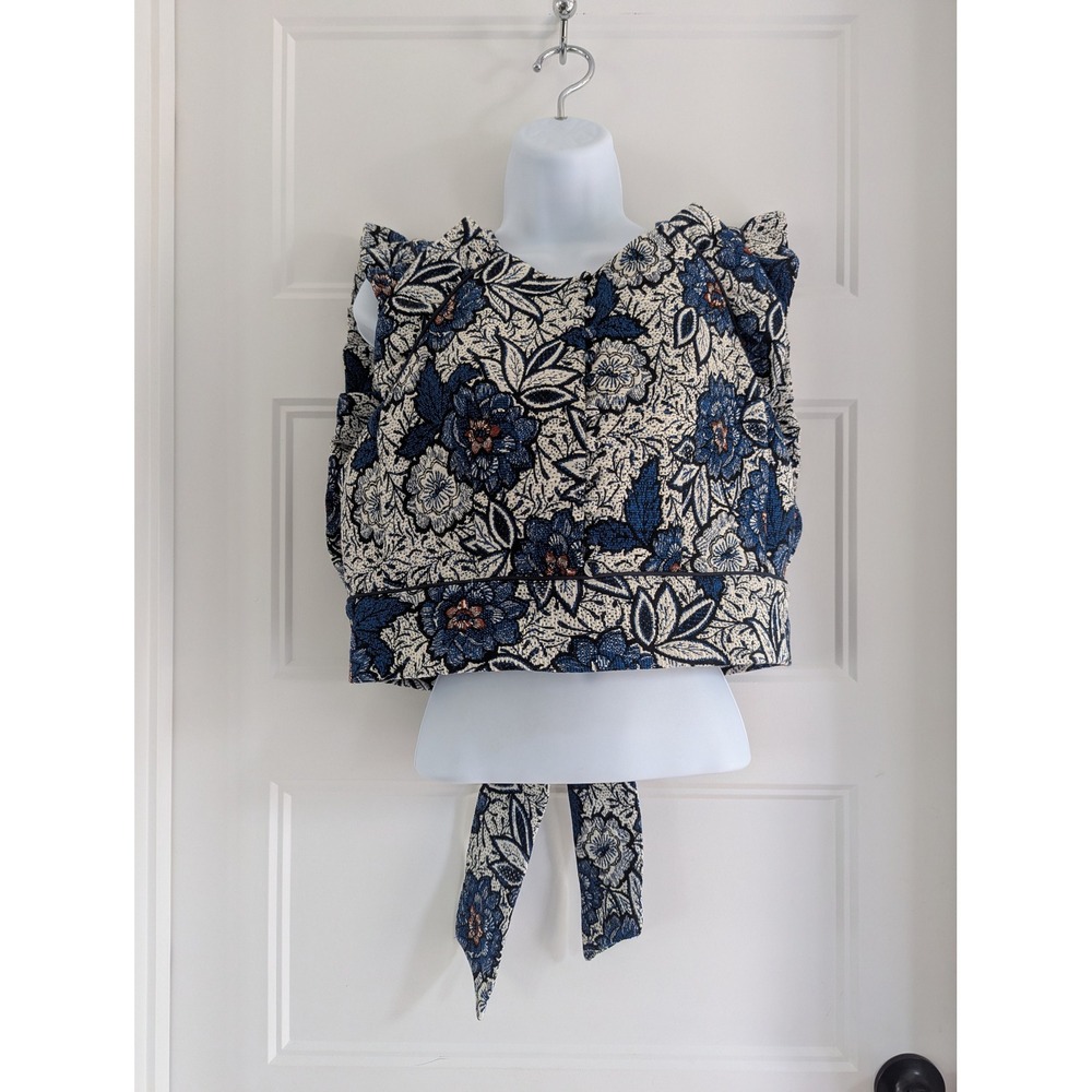 NWT Sezane Danie Blouse African Jacquard Blue‎ Floral Open Back Tie Top Size M